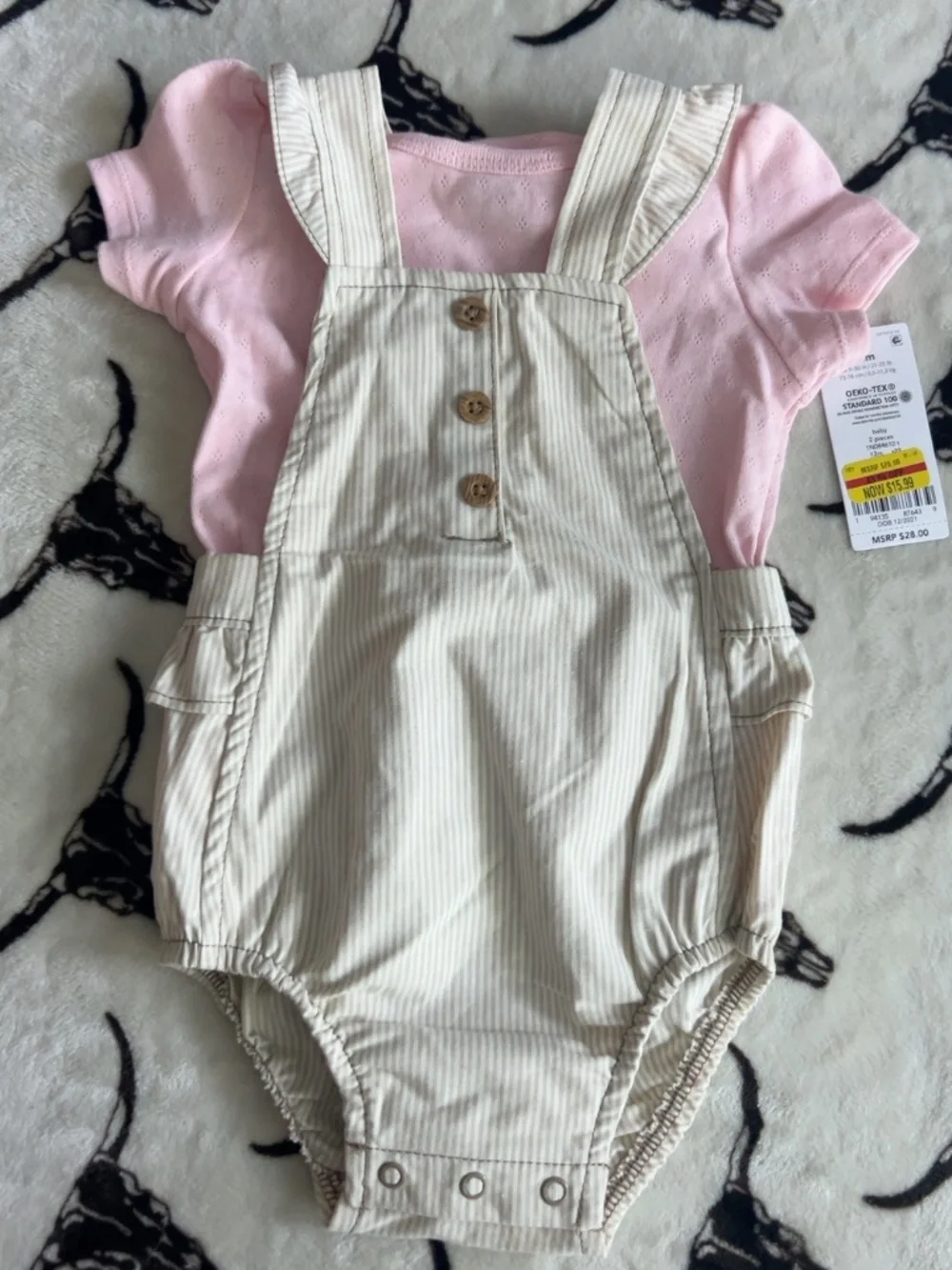 NWT Carter’s Baby Girl Pink Striped Overall Romper Set 12M